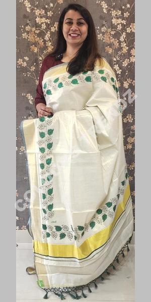 Kerala Kasavu Saree with Green Temple Border - Byhand Kochi