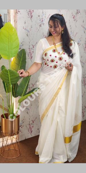 WHITE KERALA COTTON KASAVU SAREES WITH BLOUSE Daily use Traditional wear  Plain Saree under 300