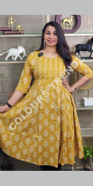 Mayanthara Vol 1 14 Kg Rayon Jaipuri Print Anarkali Kurtis Yellow Color DN  1003