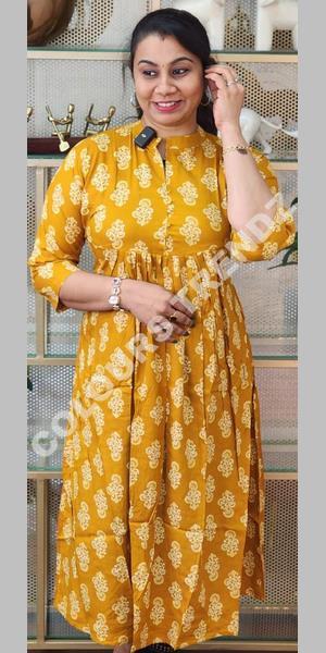 Yellow Anarkali Gown Kurti Pant Dupatta Set Salwar Kameez V-Neck